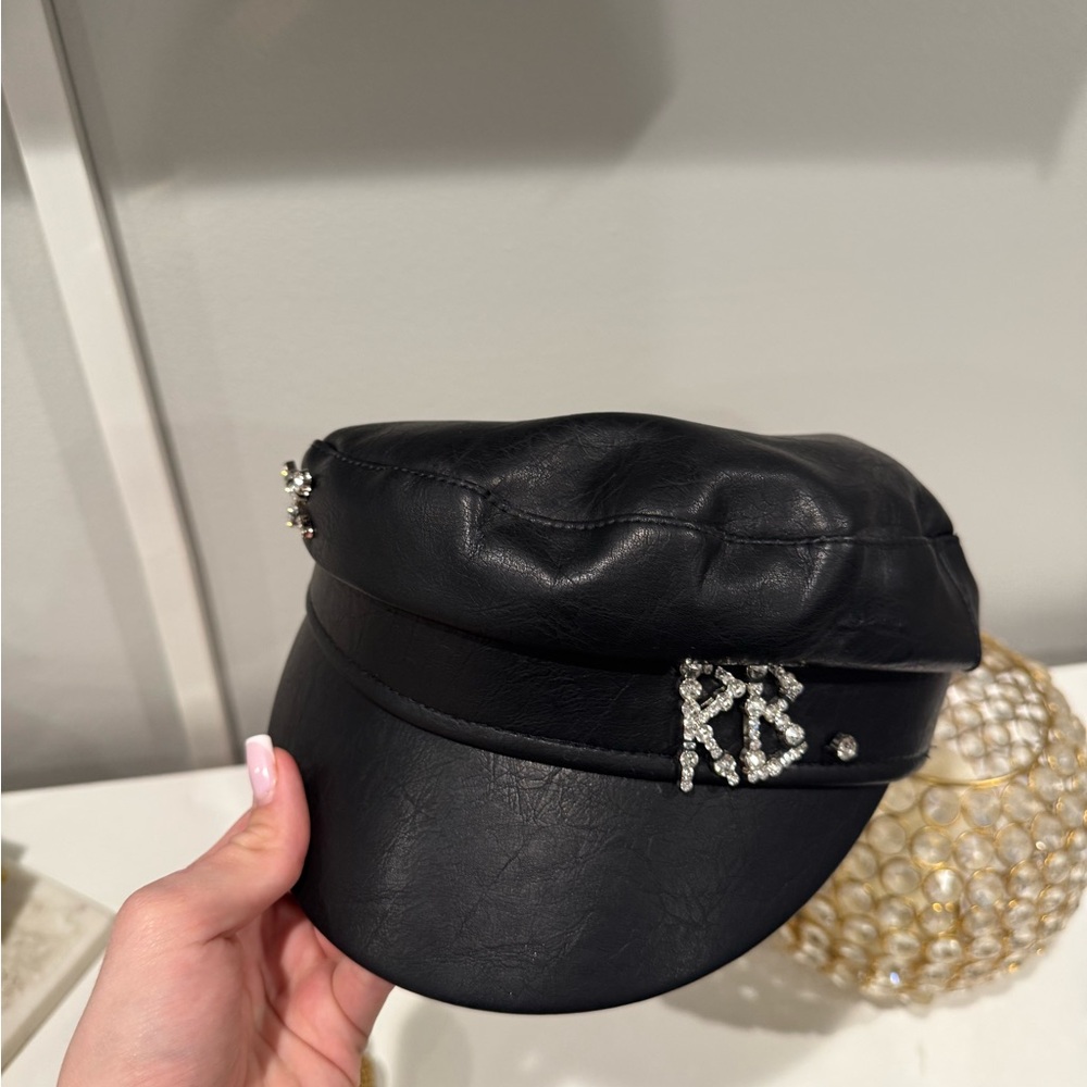 Black Leather Cap with Rhinestone Detail